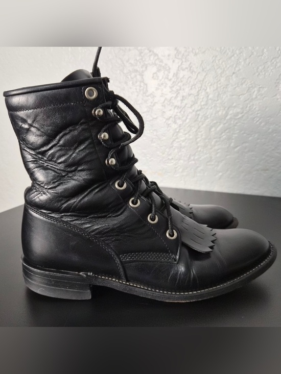 Justin Boots Shoes - Justin Vintage Black Leather Lace-Up Roper Boots Western Fringe Kiltie Size 6